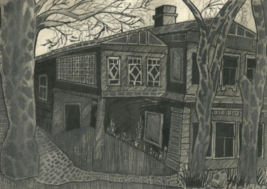 Zeichnungen mit dem Titel "The old mansion" von Aleksandr Glukhov, Original-Kunstwerk, Graphit
