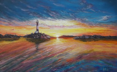 Painting titled "phare au coucher du…" by Aleksandr Gritsenko, Original Artwork, Oil