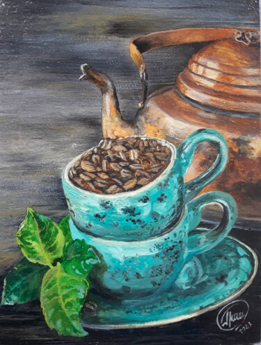 Картина под названием "Чай или кофе?" - Александр Гриценко, Подлинное произведение искусства, Масло