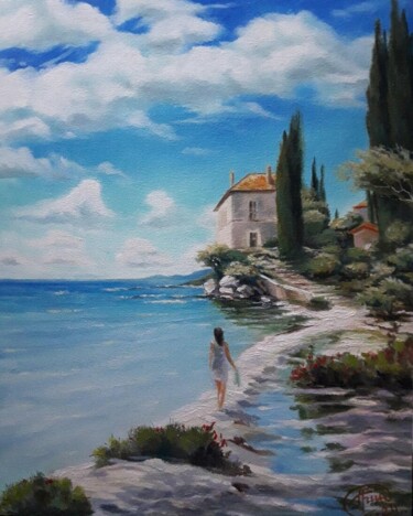 Painting titled "Vacances au bord de…" by Aleksandr Gritsenko, Original Artwork, Oil