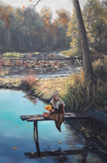 Картина под названием "Девочка на мостике" - Александр Гриценко, Подлинное произведение искусства, Масло