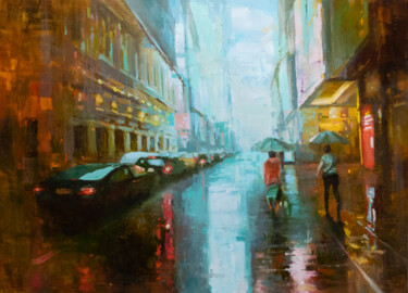 Peinture intitulée "The city rain" par Aleksandr Jero, Œuvre d'art originale, Huile