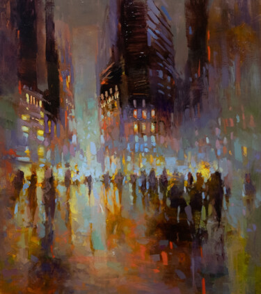 Painting titled "The night city flow" by Aleksandr Jero, Original Artwork, Oil