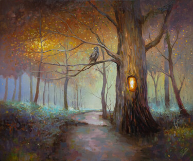 Painting titled "Visiting the owl" by Aleksandr Jero, Original Artwork, Oil