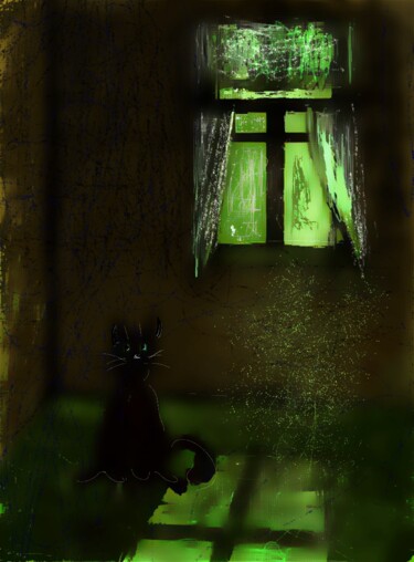 Digitale Kunst getiteld "Кот, окно и вечер" door Aleksandr Korovin, Origineel Kunstwerk, AI gegenereerde afbeelding
