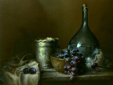 Картина под названием "Bottle and grapes" - Александр Косс, Подлинное произведение искусства, Масло Установлен на Деревянная…