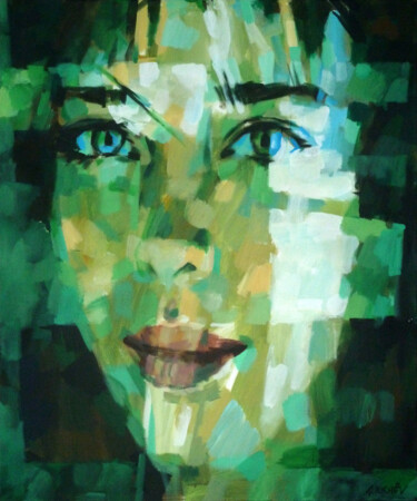 Painting titled "GREEN PORTRAIT 2" by Aleksandr Ilichev, Original Artwork, Acrylic
