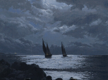 Картина под названием "Яхты под луной" - Александр Манойленко, Подлинное произведение искусства, Масло