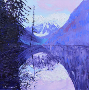 Peinture intitulée "Mountain lake at ni…" par Aleksandr Petelin, Œuvre d'art originale, Huile