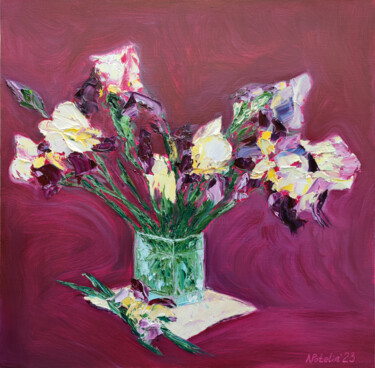 Картина под названием "The last irises" - Aleksandr Petelin, Подлинное произведение искусства, Масло