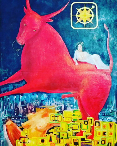 Картина под названием "красная корова счас…" - Александр Плахотский, Подлинное произведение искусства, Масло