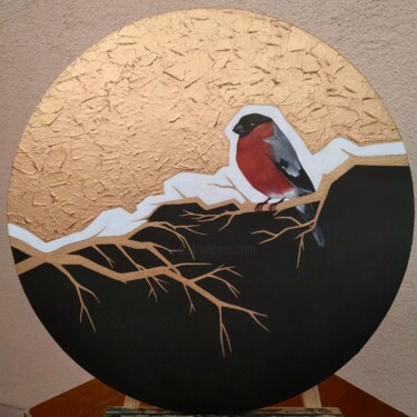 Painting titled "Bullfinch" by Aleksandra Aurelli, Original Artwork, Acrylic Mounted on Wood Stretcher frame