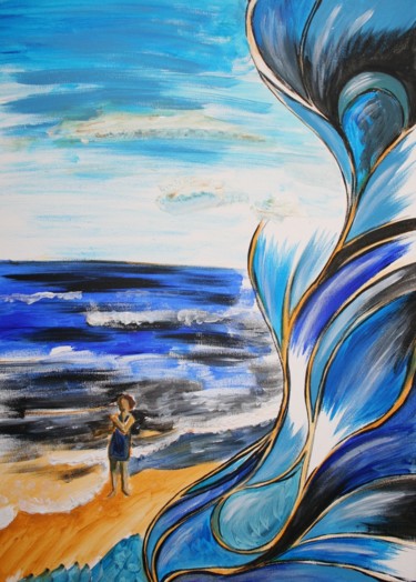 Painting titled "Selfie on the beach" by Aleksandra Cherepanova, Original Artwork, Acrylic Mounted on Wood Stretcher frame
