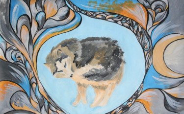 Pintura intitulada "Husky bites its tail" por Aleksandra Cherepanova, Obras de arte originais, Acrílico