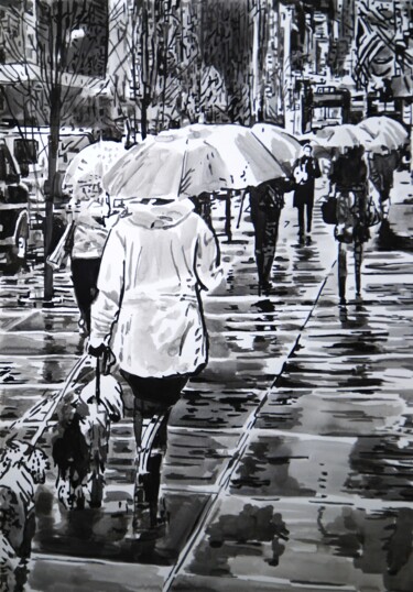 Рисунок под названием "Rainy Town / 50 x 3…" - Alexandra Djokic, Подлинное произведение искусства, Чернила