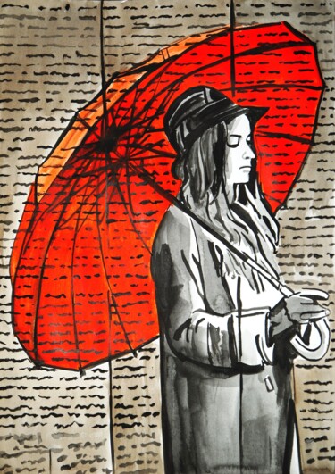 Dessin intitulée "Girl with a red umb…" par Alexandra Djokic, Œuvre d'art originale, Encre