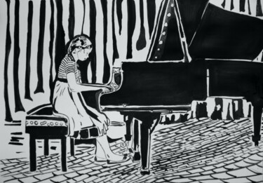Drawing titled "Girl play piano " by Alexandra Djokic, Original Artwork, Ink