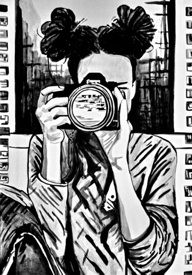 Dibujo titulada "Girl with camera " por Alexandra Djokic, Obra de arte original, Tinta
