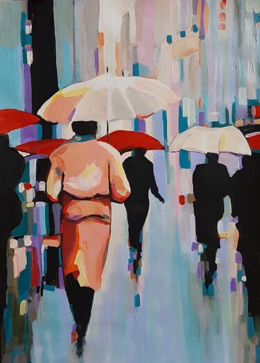Malerei mit dem Titel "Rainy Town / 70 x 5…" von Alexandra Djokic, Original-Kunstwerk, Acryl