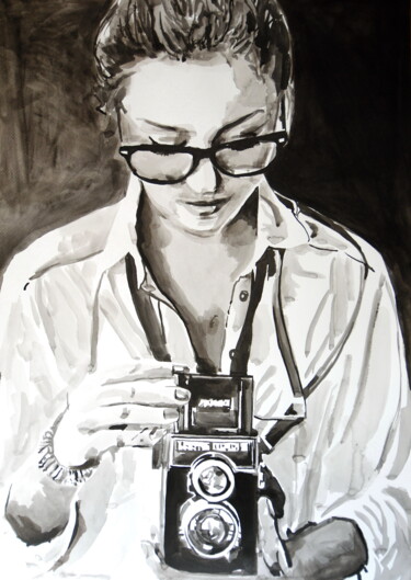 Drawing titled "Girl with camera " by Alexandra Djokic, Original Artwork, Ink