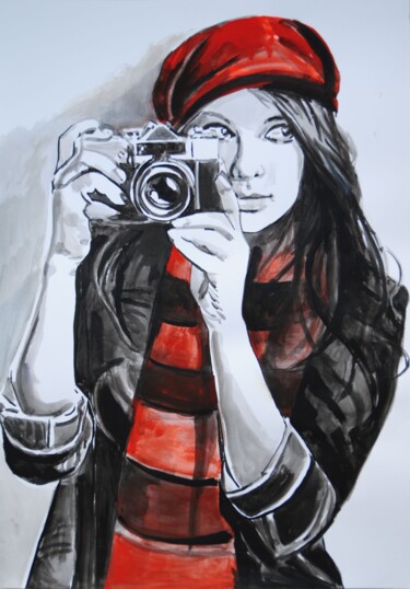 Dessin intitulée "Girl with camera " par Alexandra Djokic, Œuvre d'art originale, Encre