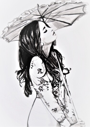 Dessin intitulée "Girl with  umbrella " par Alexandra Djokic, Œuvre d'art originale, Encre