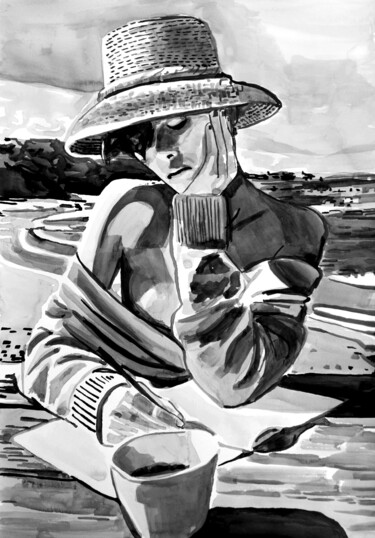 Dessin intitulée "At the beach " par Alexandra Djokic, Œuvre d'art originale, Encre