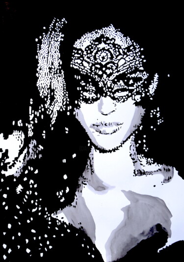 Tekening getiteld "Woman with Mask " door Alexandra Djokic, Origineel Kunstwerk, Inkt