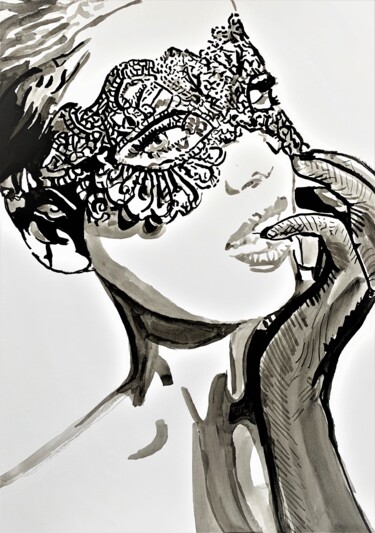 Drawing titled "Venetian Mask " by Alexandra Djokic, Original Artwork, Ink