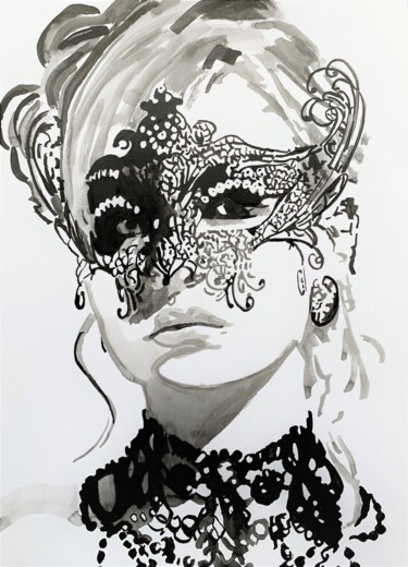 Dessin intitulée "Venetian mask 2" par Alexandra Djokic, Œuvre d'art originale, Encre