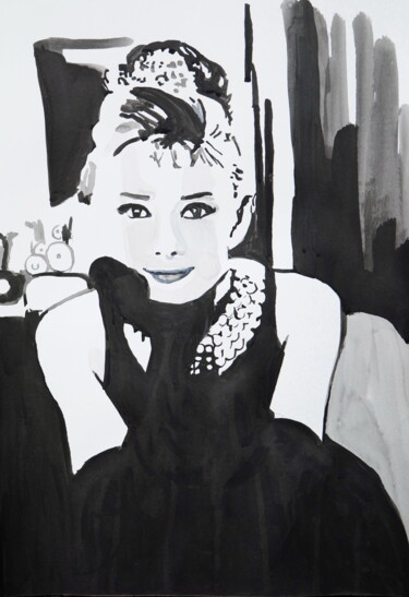 Dessin intitulée "Audrey Hepburn " par Alexandra Djokic, Œuvre d'art originale, Encre