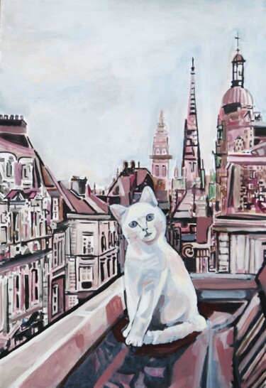 Schilderij getiteld "White Kitten On Roo…" door Alexandra Djokic, Origineel Kunstwerk, Acryl