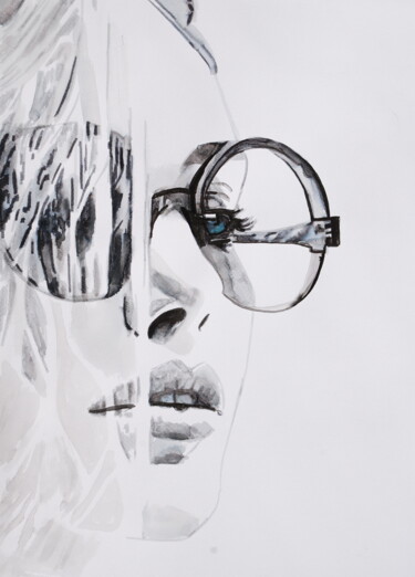 Desenho intitulada "Girl with sunglasse…" por Alexandra Djokic, Obras de arte originais, Tinta