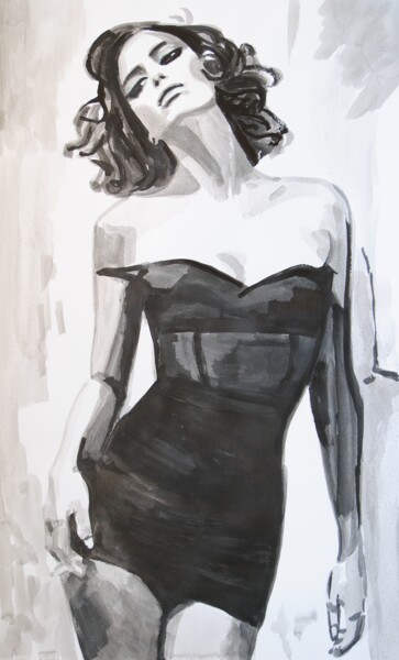 Zeichnungen mit dem Titel "Lady in black dress " von Alexandra Djokic, Original-Kunstwerk, Tinte