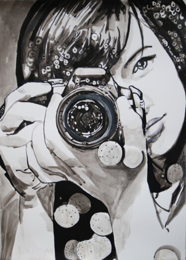 Zeichnungen mit dem Titel "Girl with camera /…" von Alexandra Djokic, Original-Kunstwerk, Tinte