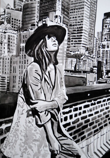 Dibujo titulada "Girl with a hat" por Alexandra Djokic, Obra de arte original, Tinta