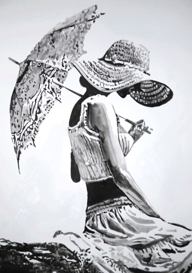 Drawing titled "Girl with umbrella " by Alexandra Djokic, Original Artwork, Ink