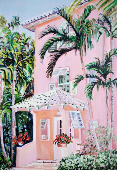 Ζωγραφική με τίτλο "Pink house with pal…" από Alexandra Djokic, Αυθεντικά έργα τέχνης, Ακρυλικό