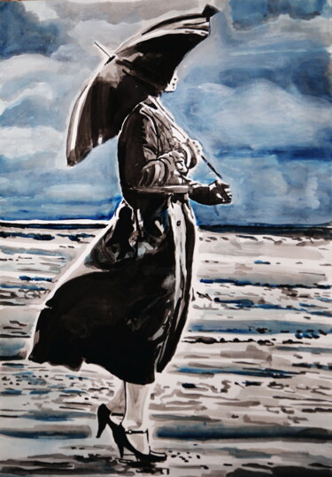 Painting titled "Lady with umbrella " by Alexandra Djokic, Original Artwork, Ink
