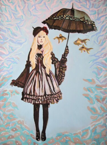 Painting titled "Girl, umbrella and…" by Alexandra Djokic, Original Artwork, Acrylic