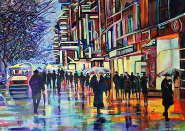 Pittura intitolato "Rainy street / 101…" da Alexandra Djokic, Opera d'arte originale, Acrilico