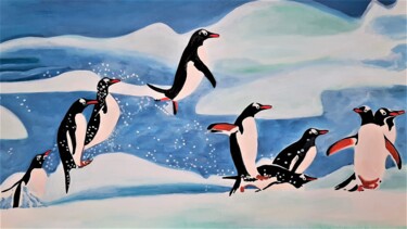Malerei mit dem Titel "Pinguins / 100 x 57…" von Alexandra Djokic, Original-Kunstwerk, Acryl