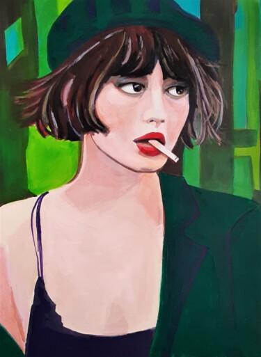 Malerei mit dem Titel "Girl in green coat…" von Alexandra Djokic, Original-Kunstwerk, Acryl