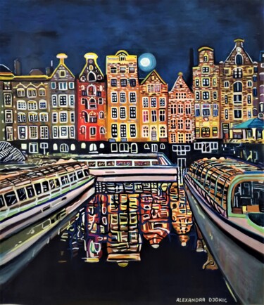Peinture intitulée "Amsterdam at night…" par Alexandra Djokic, Œuvre d'art originale, Acrylique