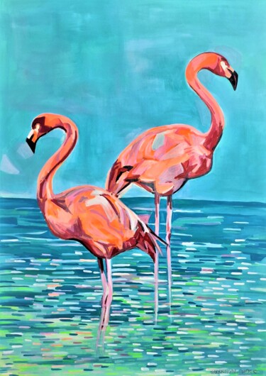 Painting titled "Flamingos / 101 x 7…" by Alexandra Djokic, Original Artwork, Acrylic