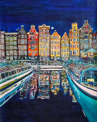 Painting titled "Amsterdam at night…" by Alexandra Djokic, Original Artwork, Acrylic