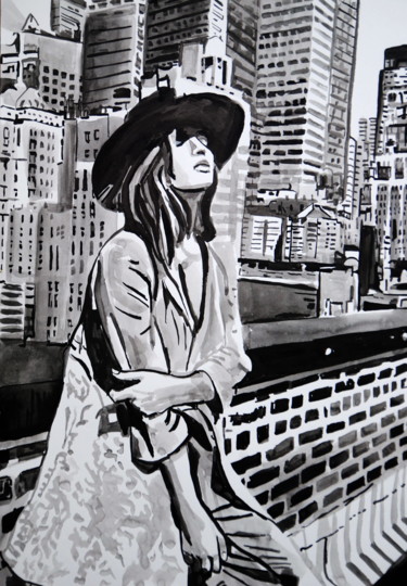 Drawing titled "Girl with a hat" by Alexandra Djokic, Original Artwork, Ink