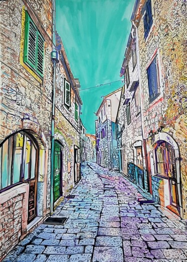 Mediterranean street - 101 x 72 cm Schilderij getiteld "Mediterranean stree…" door Alexandra Djokic, Origineel Kunstwerk, Inkt