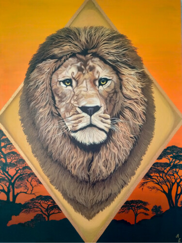 Painting titled "Lion King" by Aleksandra Efremova, Original Artwork, Acrylic Mounted on Wood Stretcher frame