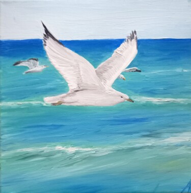 Pittura intitolato "Seagulls painting." da Aleksandra Kazantseva, Opera d'arte originale, Olio